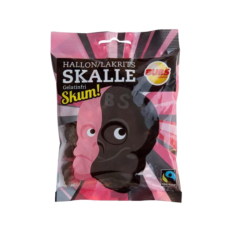 BUBS Hallon Lakrits Skumskallar – Raspberry Liquorice Foam Skulls 90g bag